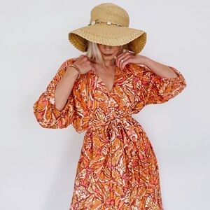 Vintage Orange/Pink Midi Dress with Bishop Sleeves
